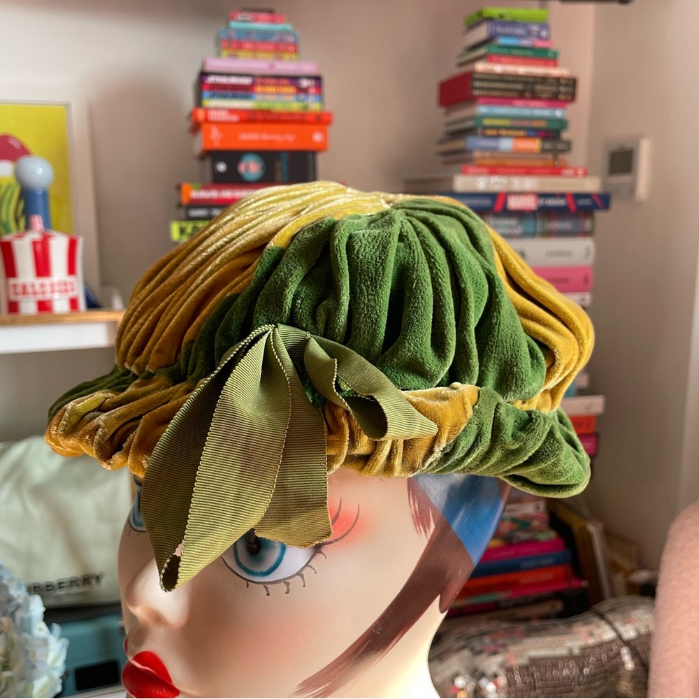 Vintage green and yellow velvet hat